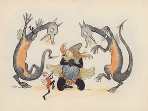 Illustratie voor Little Twin Dragons door S Rosamond Praeger (kleurenlitho)