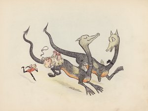 Illustratie voor Little Twin Dragons door S Rosamond Praeger (kleurenlitho)