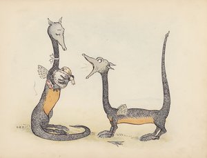 Illustratie voor Little Twin Dragons door S Rosamond Praeger (kleurenlitho)