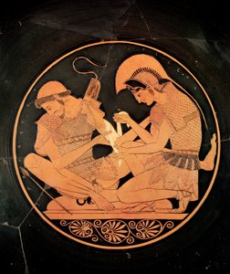 Interieur van een attic roodfiguur kylix met Achilles die de gewonde Patrocles verzorgt, uit Vulci, c.500 v.Chr. door Sosias Painter