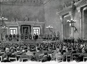 Een bijeenkomst van Catalaanse nationalisten verzameld in het stadhuis van Manresa, voor het opstellen van de 16 basisprincipes voor de Catalaanse regionale grondwet in 1892.