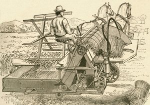 Een oogstmachine, getrokken door paarden, die de schoven mechanisch bond, gebruikt in de late 19e eeuw. Uit El Museo Popular gepubliceerd in Madrid door Spanish School