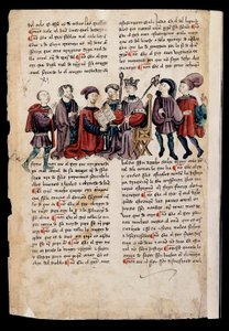 Een man presenteert een boek aan de koning, miniatuur in "Libro de los Castigos o Documentos para Bien Vivir" door Spanish School