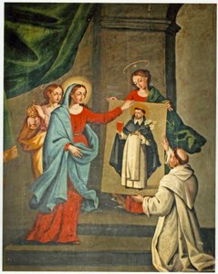Een heilige presenteert een portret van St. Dominicus aan de Maagd Maria