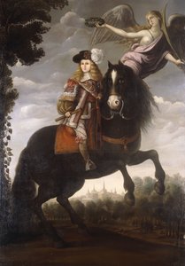 Een Ruiterportret van Koning Karel II, volledig, in een Rode Jas met Witte Rand, gekroond met een Lauwerkrans door een Engel, Madrid in de Verte door Spanish School