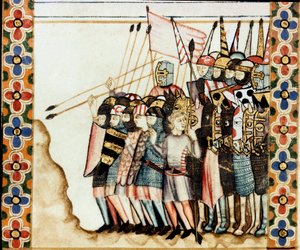 Leger van de kruisvaarders (detail) van een pagina uit een manuscript van het Lied van Sint-Maria (Cantigas de Santa Maria), miniaturen gewijd aan Sint-Maria en haar wonderen, een verzameling liederen samengesteld onder het bewind van Alfonso X de Wijze (1 door Spanish School