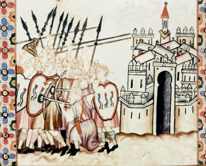 Leger van de Moren verdedigt een stad. Detail van een pagina uit een manuscript van het Lied van Sint Maria (Cantigas de Santa Maria), versierd met miniaturen gewijd aan Sint Maria en haar wonderen, een verzameling liederen opgesteld onder het bewind van A door Spanish School