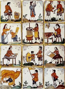Ambachtelijke beroepen: schoenmaker, kuiper, mandenmaker, wijnmaker, tekenles, muzikant, koe melken, slijper, boer, ebenist. Catalaanse keramische tegels (Spanje) door Spanish School