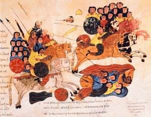 Slag tussen de Hebreeën en de Filistijnen, uit de Visigotisch-Mozarabische Bijbel van St. Isidores, fol.119r., 960 n.Chr. (tempera op perkament) door Spanish School