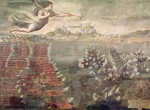 Slag bij Lepanto. Overwinnende schepen die de haven van Messina binnenvaren door Spanish School