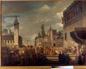Christoffel Columbus presenteert inheemse mensen aan Ferdinand II en Isabella I van Castilië in Barcelona: de presentatie van de inwoners van Amerika aan de katholieke koningen door de ontdekkingsreiziger Christoffel Columbus (1451-1506). Schilderij door G