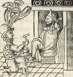 Codex van de verovering van Mexico: uitbraak van oorlog, De Azteekse keizer Montezuma in ketenen door Spanish School