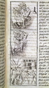 Codex van de verovering van Mexico: de Spanjaarden klaar om de stad Tenochtitlan aan te vallen. Miniatuur van het Florentijnse manuscript 