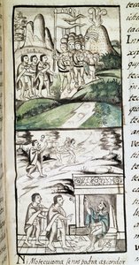 Codex van de verovering van Mexico: de gezanten van Montezuma, of Moctezuma II Azteekse keizer ontmoeten de Spanjaarden door Spanish School
