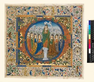 Collage met gehistorieerde initiaal en rand uit een Koorpsalter, ca. 1482-1492 door Spanish School