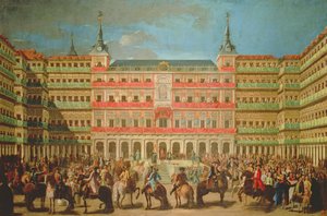 Versiering van de Plaza Mayor voor de intocht van Carlos III in Madrid door Spanish School