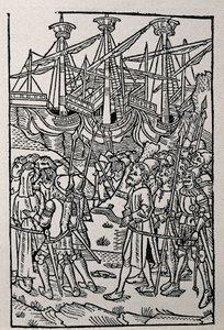 Gravure in Geschiedenis van Vespasianus, gedrukt in 1495 in Zaragoza door Spanish School