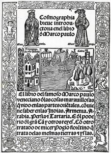Frontispice van de eerste Castiliaanse versie van De Reizen van Marco Polo, vertaald door Rodrigo de Santaella, gepubliceerd 1503
