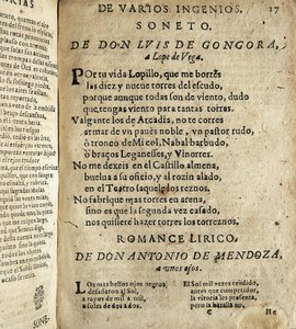 GOGOORA Y ARGOTE, Luis de (1561-1627). Spaanse dichter uit de Gouden Eeuw.; VEGA CARPIO, Felix Lope de (1562-1635). Soneto a Lope de Vega, gedicht opgenomen in Poesias varias de grandes ingenios espanoles, compilatie gemaakt door Ios door Spanish School