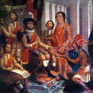 Hernando Cortes ontvangt de eerbetuiging van de Azteken door Spanish School