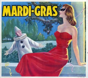 Illustratie van een Mardi-Gras feest (Mardi Gras) verkleedpartij met een Pierrot en een gemaskerde vrouw. Reclame, Valencia, 20e eeuw