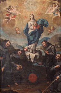Onbevlekte Ontvangenis met tuinbouwfranciscanen. Oorsprong van het koor. Gesigneerd linksonder "ADEVOZION DE DA TERESA, Sanchez Yepros?". 18e eeuw. Juan Sánchez. door Spanish School