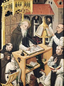 Interieur van een scriptorium, School van Segovia door Spanish School