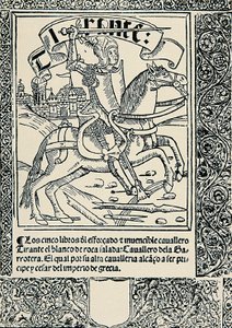 Ridder op zijn rijdier, Frontispice van het Spaanse werk Tirant lo Blanc door Joanot MARTORELL (1413-1468)