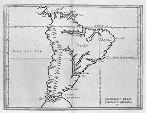 Kaart van Meridionale Amerika (Zuid-Amerika of Latijns-Amerika) uit een Spaans reisvolume uit het begin van de 17e eeuw. De Stille Oceaan wordt de Zuidzee genoemd en de landen Peru en Brazilië worden genoemd evenals de evenaar.
