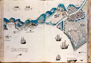 Kaart van een deel van Nieuw-Spanje, de kust van Peru en de stad Lima, uit "Mapas de las costas de América en el mar del Sur, desde la última población de españoles en ellas, que es la ciudad de Compostela, en adelante"