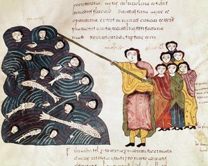 Mozes, na het oversteken van de Rode Zee met het volk van Israël, zag de Egyptenaren verdrinken. Miniatuur uit een Mozarabische Bijbel. 10e eeuw. Leon. Bibliotheek van de Koninklijke Collegiale van Sint Isidorus.