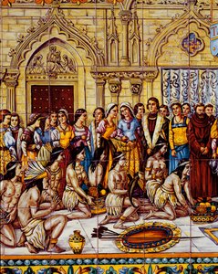 Inheemse Amerikanen gebracht in het gevolg van Columbus naar Spanje in 1492 (keramiek) door Spanish School