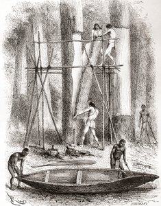Inheemse Indianen bouwen een kano aan de oevers van de Oyapock of Oiapoque Rivier, Zuid-Amerika (gravure)