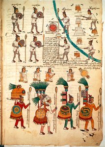 Pagina uit de Codex Mendoza met Azteekse krijgers gewapend met speren en schilden (c.1541-42) door Spanish School