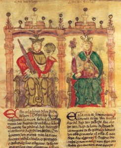Pelagius (685-737), stichter van het Koninkrijk Asturië en zijn kleinzoon Fruela I (722-68) (pigment op perkament)
