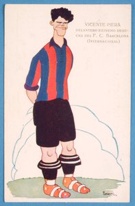 Prentbriefkaart met een karikatuur van de Spaanse voetballer Vicente Piera van Barcelona