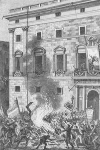 Pueblo de Barcelona verbrandt portretten van de Bourbons, 1868