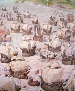 Regatta van Spaanse galeien tijdens een expeditie naar de Azoren in 1582 onder Filips II door Spanish School