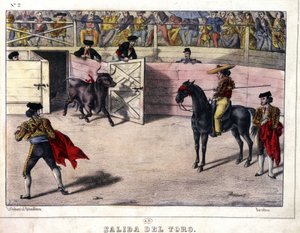 Vrijlating van Taurus, stierengevecht in Spanje, lithografie 19e eeuw