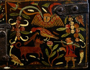 Scène met Spaanse jager en indiaanse motieven, detail (koloniale periode, Spaanse oorsprong, Bolivia) door Spanish School