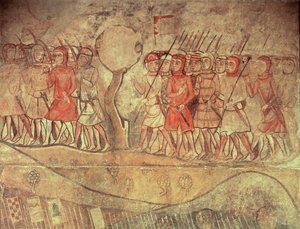 Soldaten uit het leger van Koning Jacobus I (1208-76) een groep voetsoldaten met bogen en lansen, detail van een muurschildering uit het voormalige Palacio Reale, Barcelona door Spanish School