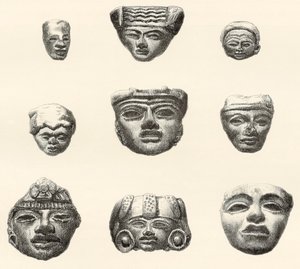 Stenen hoofden en maskers gevonden in Teotihuacan, Mexico door Desiré Charnay tijdens zijn expeditie in 1880-1883