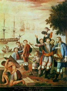 De verovering van Mexico: Diego Velasquez de Cuellar (1465-1524) kiest Hernando Cortes (1485-1547) als generaal van de Armada en geeft hem het bevel