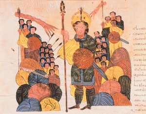De Nederlaag van Goliath, uit de Visigotisch-Mozarabische Bijbel van St. Isidores, fol.118v., 960 n.Chr. (tempera op perkament)
