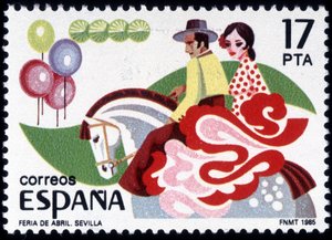 De Feria van Sevilla: koppel in volkskostuum te paard - Spaanse postzegel door Spanish School