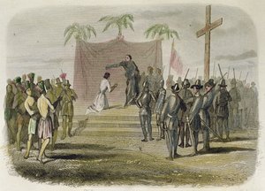 De doop van de koning van het eiland Cebu en vijfhonderd andere Indianen door leden van de Magellaan-expeditie op 14 april door Spanish School