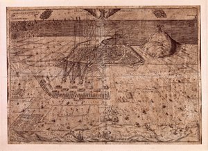 De opstand van Catalonië of de oorlog van de oogsters (1640-1659), het beleg van Barcelona over zee en land door de troepen van Filips IV van Spanje (1605-1665). Gravure 1652. Stadshistorisch Museum, Barcelona. door Spanish School