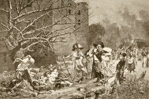 Het bloedbad van Machecoul, Frankrijk, tijdens de Franse Revolutie, naar een schilderij van Francois Flameng, uit 