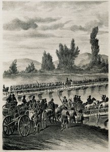 De troepen van het Napoleontische Franse leger steken de rivier de Bidasoa over
