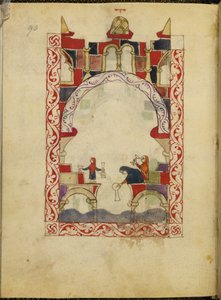 Drie vrouwen dompelen vaten onder in een poel. Verlucht handschrift van een Hispano-Moorse Haggada, c.1300, Spanje, Or. 2737, fol. 90